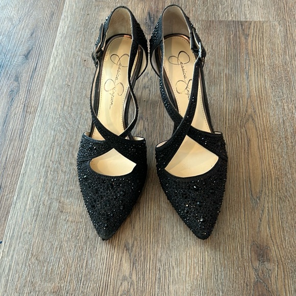 Jessica Simpson Cross Strap Size 7M Black Embossed Dressy Heels - Picture 1 of 5